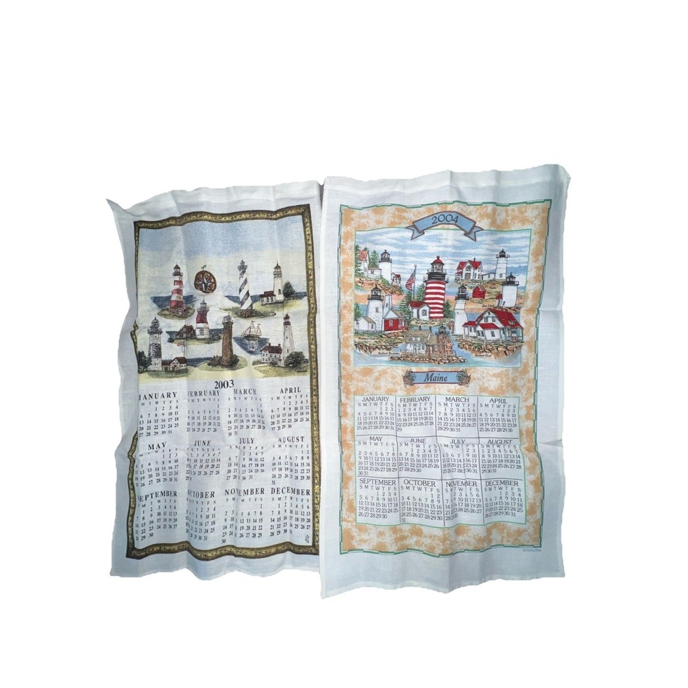 2-Vintage Kay Dee Designs 2003+2004 Linen Calendar Towel Maine Lighthouse Beach‎